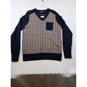 Brooks Brothers Sweater Men's Medium Navy Beige Merino Plaid V-Neck Long‎ Sleeve